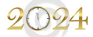 clock shortly before 2024 new year gold typography