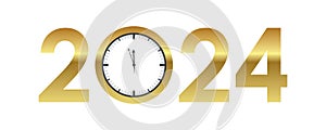 clock shortly before 2024 new year gold typography isolated