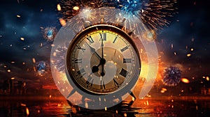 clock showing New Year time, fire works in the background