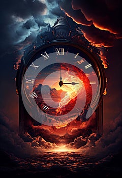 A clock showing the time of the apocalypse: death and life, fire and water - the opposition of two states. AI Generated