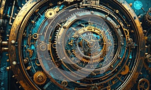 A clock is shown with a gold color and a blue background.