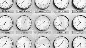 Clock shows Anchorage, USA time among different timezones. 3D animation