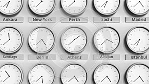 Clock shows Athens, Greece time among different timezones. 3D animation