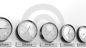 Clock shows Bangkok, Thailand time among different timezones. Conceptual 3D animation