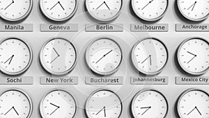 Clock shows Bucharest, Romania time among different timezones. 3D animation