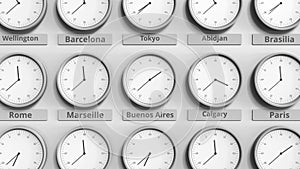 Clock shows Buenos Aires, Argentina time among different timezones. 3D animation