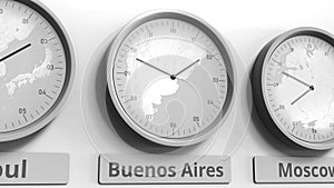 Clock shows Buenos Aires, Argentina time among different timezones. Conceptual 3D rendering
