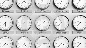 Clock shows Jakarta, Indonesia time among different timezones. 3D animation