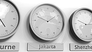 Clock shows Jakarta, Indonesia time among different timezones. Conceptual 3D rendering