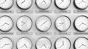 Clock shows Ljubljana, Slovenia time among different timezones. 3D animation