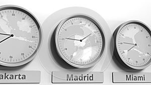 Clock shows Madrid, Spain time among different timezones. Conceptual 3D rendering