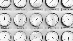 Clock shows Minsk, Belarus time among different timezones. 3D animation