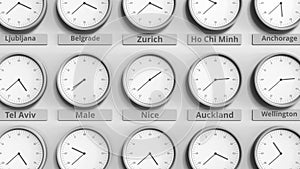 Clock shows Nice, France time among different timezones. 3D animation