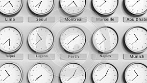 Clock shows Perth, Australia time among different timezones. 3D animation