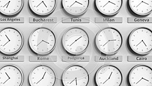 Clock shows Podgorica, Montenegro time among different timezones. 3D animation