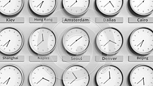 Clock shows Seoul, Korea time among different timezones. 3D animation