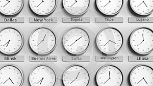 Clock shows Sofia, Bulgaria time among different timezones. 3D animation