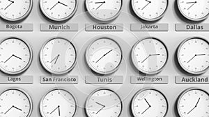 Clock shows Tunis, Tunisia time among different timezones. 3D animation