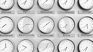 Clock shows Vancouver, Canada time among different timezones. 3D animation