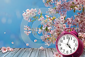 Clock and spring cherry flowers - daylight savings concept