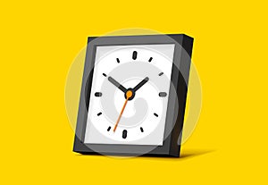 Clock squre icon in flat style, black 3d timer on yellow background. Business watch. Volume vector design element for you project