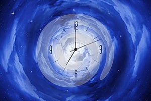 Clock in the starry cosmic sky. Leaving time. Time and space. Time concept.