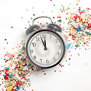 Clock surrounded by confetti isolated on white background