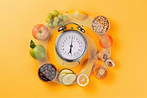 A clock surrounded by fruits and vegetables on a orange background. Generative ai