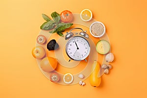 A clock surrounded by fruits and vegetables on a orange background. Generative ai