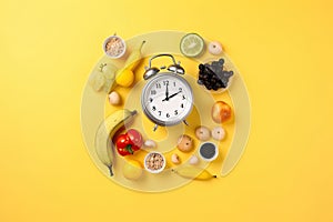 A clock surrounded by fruits and vegetables on a yellow background. Generative ai