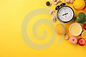 A clock surrounded by fruits and vegetables on a yellow background. Generative ai