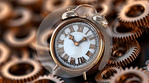 A clock is surrounded by gears and other objects on a table, AI