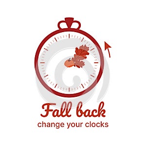 Clock switch to winter time. Daylight saving time ends. A clocks in a floral frame of autumn orange foliage and turning