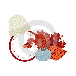 Clock switch to winter time. Daylight saving time ends. A clocks in a floral frame of autumn orange foliage and turning