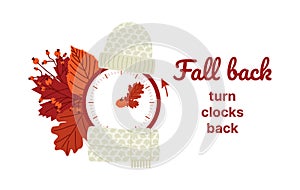 Clock switch to winter time. Daylight saving time ends. A clocks in a floral frame of autumn orange foliage and turning