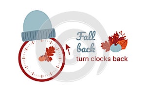 Clock switch to winter time. Daylight saving time ends. A clocks in a floral frame of autumn orange foliage and turning