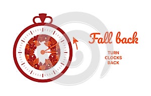 Clock switch to winter time. Daylight saving time ends. A clocks in a floral frame of autumn orange foliage and turning