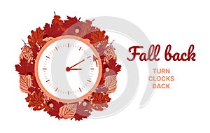 Clock switch to winter time. Daylight saving time ends. A clocks in a floral frame of autumn orange foliage and turning