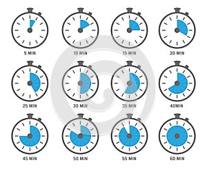 Clock symbols. Timers minutes and hours circle graph objects 5, 10 and 20 min vectors