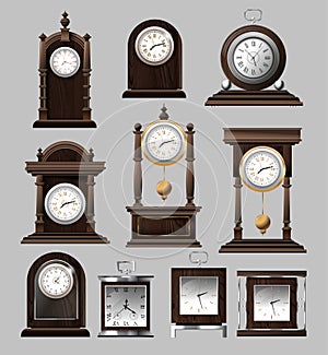Clock time antique vintage ancient classic old traditional retro. Set of antique old realistic clocks design in detail