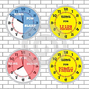 Clock time concept set brick wall