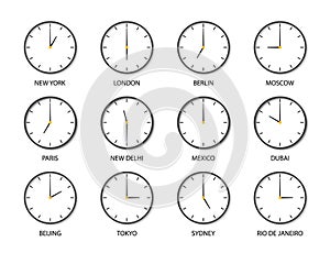 Clock with time of different world zone. Icons of clock of international timezones. Set of 12 modern clocks for travel or airport