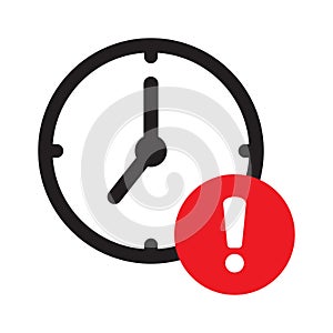 Clock time with exclamation mark. Expire icon. Delay symbol. Deadline icon.