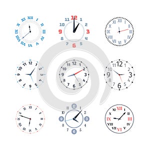 Clock time set. Dial with roman and arabic numerals of round shape, wall and hand chronometer with classic and modern