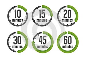 Clock , timer time passage color icon set  form 10 minutes to 60 minutes