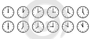 Clock or Timer vector icons set. Clock faces with arrows indicating different time