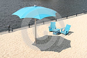 Clock Tower Beach Old Port in Montreal Canada Two blue chairs wi