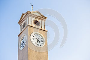 The clock tower with blue sky in Nakhon Phanom Province, Thailand