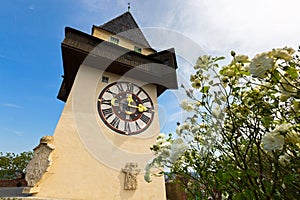 Clock tower, called the Uhrturm on top of Schlossberg Castle Hill in Graz, Austria, Europe