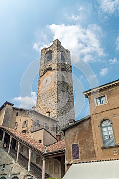 Clock tower Campanone at Piazza Vecchia in the Old Town of Bergamo